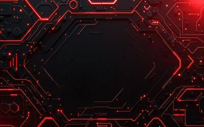 black background with red neon lines, 4k, red neon light, technology frame, red neon lines, black red lines abstract, digital art