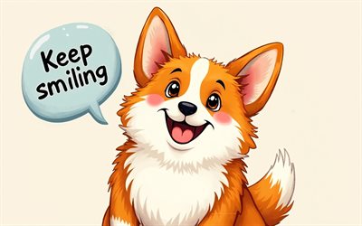 4k, lächle weiter, kunstwerk, cartoon corgi, sprachblasen, lächeln sie weiter, minimalismus, corgi, 3d  kunst, hunde, haustiere, zeichentrickhunde