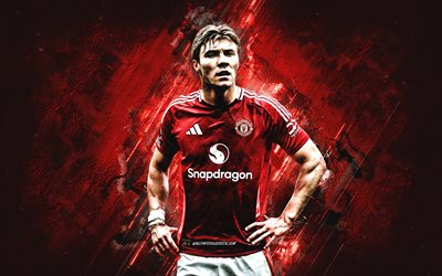 rasmus hojlund, manchester united fc, danimarkalı futbolcu, adam birleşik, grunge art, kırmızı taş arka plan, futbol, premier lig, ingiltere, rasmus hojlund manchester united