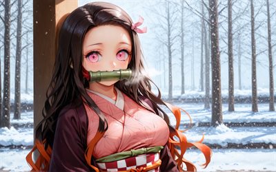 nezuko kamado, 4k, inverno, demon slayer, kimono, bokeh, protagonista, demon slayer kimetsu no yaiba, bavaglio di bambù verde, manga, kamado nezuko, demon hunter, nezuko kamado kimetsu no yaiba