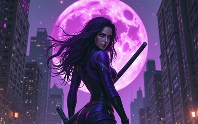 4k, Psylocke, back view, purple moon, superheroes, Marvel Comics, night, Elizabeth Braddock, sword, artwork, Betsy Braddock, Psylocke 4K