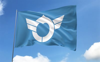 Shiga flag on flagpole, 4K, Japanese prefectures, blue sky, flag of Shiga, wavy satin flags, Shiga flag, Prefectures of Japan, flagpole with flags, Day of Shiga, Japan, Shiga