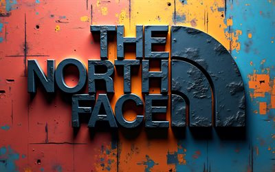 4k, The North Face metal logo, 3D art, colorful grunge backgrounds, brands, The North Face 3D logo, creative, The North Face logo, fashion brands, The North Face