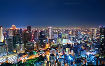 Osaka, la noche, la metrópolis, rascacielos, panorama, Japón