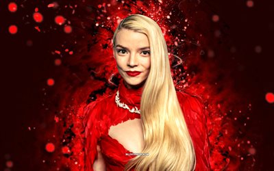 Anya Taylor-Joy, 4k, red neon lights, american actress, movie stars, red abstract background, Hollywood, american celebrity, superstars, Anya Taylor-Joy 4K