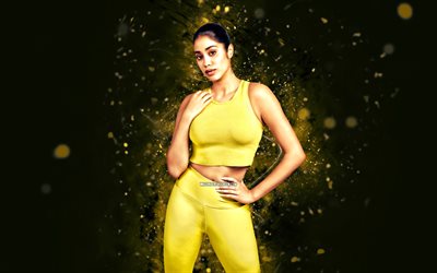 4k, Janhvi Kapoor, yellow neon lights, indian actor, Bollywood, movie stars, artwork, picture with Janhvi Kapoor, indian celebrity, Janhvi Kapoor 4k