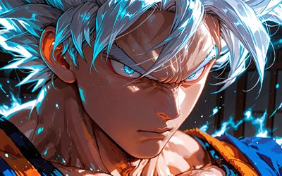 4k, ultra instinto goku, incendio, de cerca, bola de dragón, arte 3d, migatte no gokui, ultra instinto dominado, dragon ball super, hijo goku, super saiyan dios, dbs