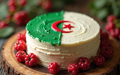 Algeria flag painted on cake, 4k, Algerian flag, baking, Algeria, cake with berries, flag of Algeria, cake with the Algerian flag, cake like Algerian flag, Algeria flag