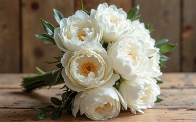 vit bukett av pioner, brudbukett, bröllopsbukett, vita pioner, vackra vita blommor, pioner, bakgrund med vita pioner