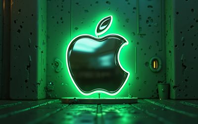 Apple logo, green neon lights, green creative background, Apple 3d logo, Apple emblem, 3d art, Apple