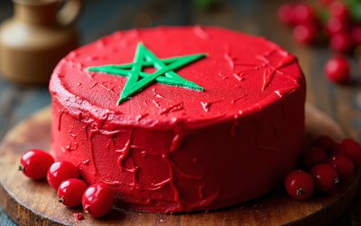 bandera de marruecos pintada en pastel, 4k, bandera marroquí, hornada, marruecos, pastel con bayas, bandera de marruecos, pastel con la bandera marroquí, pastel como la bandera marroquí