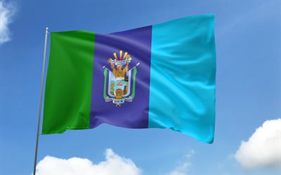 bandera de santa elena en la bandera, 4k, provincias ecuatorianas, cielo azul, bandera de santa elena, banderas de satén ondulados, provincias de ecuador, asta de bandera con banderas, día de santa elena, ecuador, provincia de santa elena, santa elena