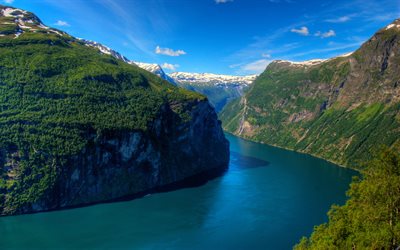 geirangerfjordフィヨルド, 夏, 山々, 海, フィヨルド, ノルウェー