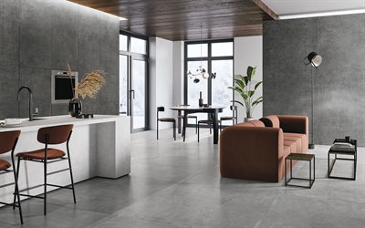 snygg lägenhetsdesign, loftstil, vardagsrum, grå betongväggar i vardagsrummet, modern inredning, loft i lägenheten, brun soffa, matsal