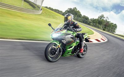 kawasaki ninja 400, yarış pisti, 2023 arabalar, süper motosikletler, 2023 kawasaki ninja 400, yeşil kawasaki ninja 400, japon motosikletleri, bisikletli binici, kawasaki