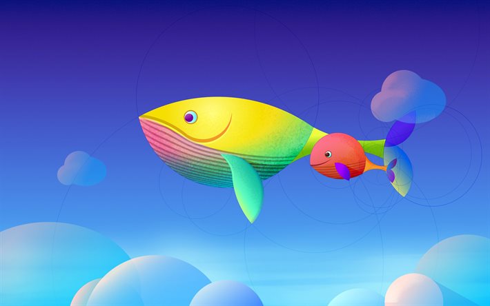 colorful 3D whales, 4k, creative, abstract whales, cartoon whales, artwork, whales family, mother and cub, whales