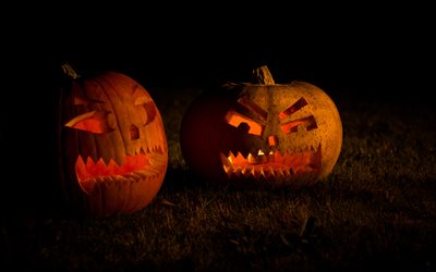 halloween, noche, calabazas, vacaciones de otoño, calabaza con cara, decoraciones de halloween