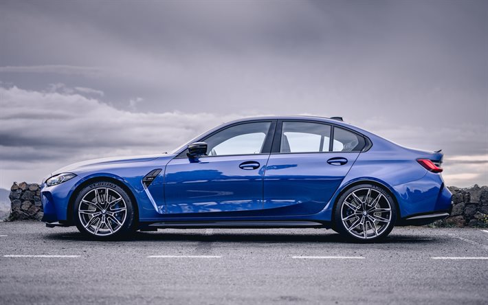 2022, BMW M3, F80, side view, exterior, blue sedan, BMW F80, blue BMW M3, 3-series, German cars, BMW