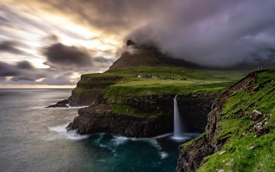 Mulafossur waterfall, 4k, coast, cliffs, beautiful nature, Faroe Islands, Europe