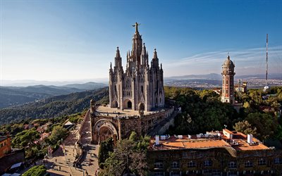 barcelona, iglesia expiatoria del sagrado corazón de jesús, colina del tibidabo, templo expiatorio del sagrat cor, vista aérea, iglesia católica romana, panorama de barcelona, cataluña, españa
