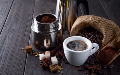 一杯のコーヒー, コーヒー豆の袋, コーヒーのコンセプト, コーヒー醸造, コーヒー豆, コーヒーが大好き