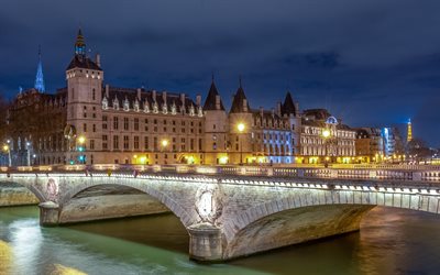 paris, kväll, pont au change, seinefloden, conciergerie, kungligt slott, fängelse, paris landmärke, paris stadsbild, frankrike