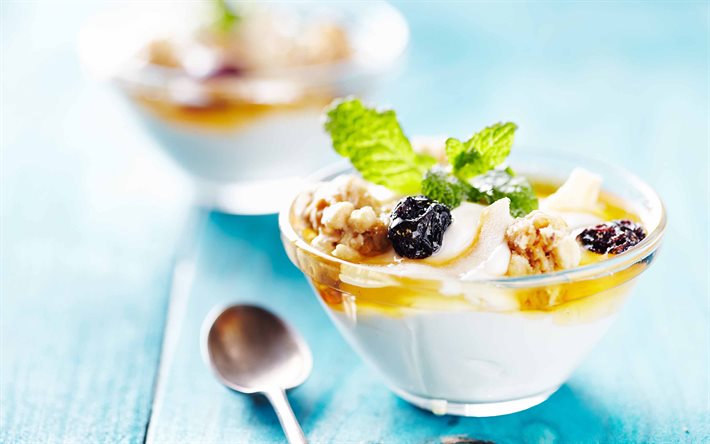 greek yogurt with muesli, breakfast, berries, dairy products, greek yogurt, breakfast concepts, plate with yogurt