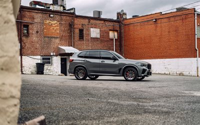 BMW X5M, F95, side view, exterior, gray SUV, tuning BMW X5 F95, gray BMW X5M, tuning, BMW F95, custom X5, german cars, BMW