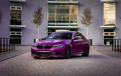 BMW M5 F90, exterior, front view, purple sedan, purple M5 F90, BMW M5 tuning, purple BMW M5, German cars, BMW F90, sedans, BMW