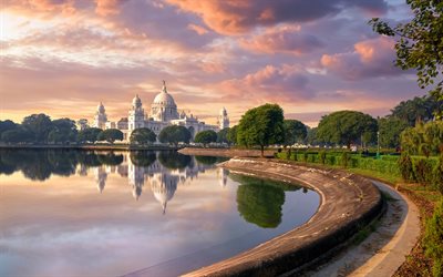 Victoria Memorial, 4k, marble palace, indian landmarks, Kolkata, India, sunset, Asia
