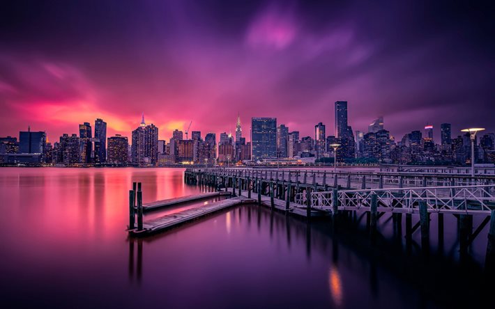 new york city, crimson solnedgång, pir, stadsbild av stadssilhuett, moderna byggnader, amerikanska städer, skyskrapor, new yorks skyline, new york stadsbild, usa