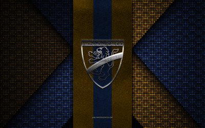 Frosinone Calcio, Serie B, blue yellow knitted texture, Frosinone Calcio logo, Italian football club, Frosinone Calcio emblem, football, Frosinone, Italy