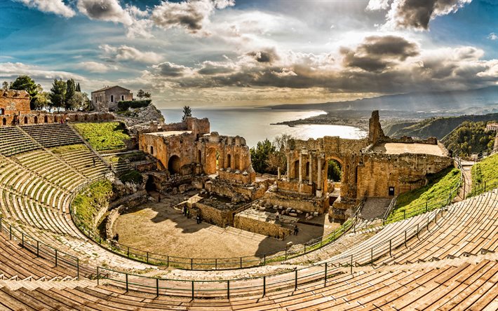 antiguo teatro de taormina, antiguo teatro griego, ruinas, taormina, sicilia, mar jónico, tarde, puesta de sol, paisaje urbano de messina, italia