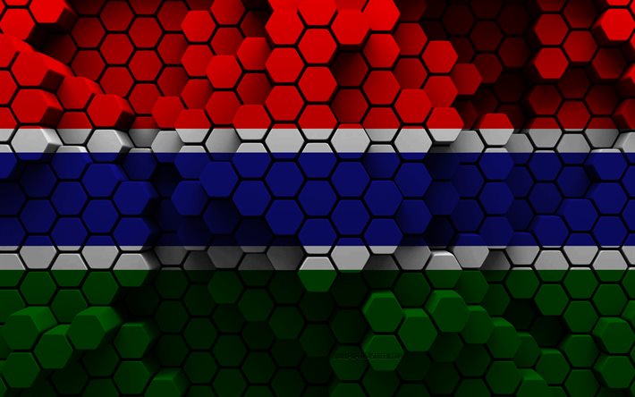 4k, bandera de gambia, fondo hexagonal 3d, bandera de gambia 3d, día de gambia, textura hexagonal 3d, símbolos nacionales de gambia, gambia, países africanos