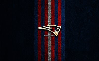 New England Patriots golden logo, 4k, blue stone background, NFL, american football team, New England Patriots logo, american football, New England Patriots