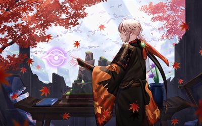 kaedehara kazuha, sonbahar, genshin impact, kimono, anemo karakterleri, kırmızı gözlü kız, genshin impact karakterleri, manga, kaedehara kazuha genshin impact