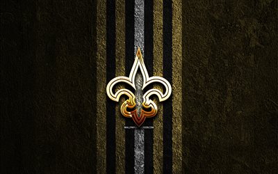 New Orleans Saints golden logo, 4k, brown stone background, NFL, american football team, New Orleans Saints logo, american football, New Orleans Saints