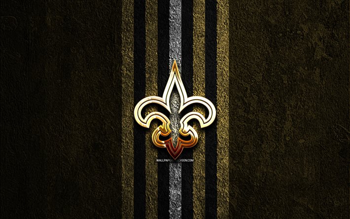new orleans saints logotipo dorado, 4k, fondo de piedra marrón, nfl, equipo de fútbol americano, logotipo de new orleans saints, fútbol americano, new orleans saints
