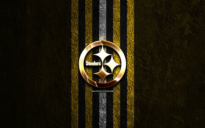 ピッツバーグ・スティーラーズの金色のロゴ, 4k, 黄色の石の背景, nfl, アメリカン フットボール チーム, ピッツバーグ・スティーラーズのロゴ, アメリカンフットボール, ピッツバーグ・スティーラーズ