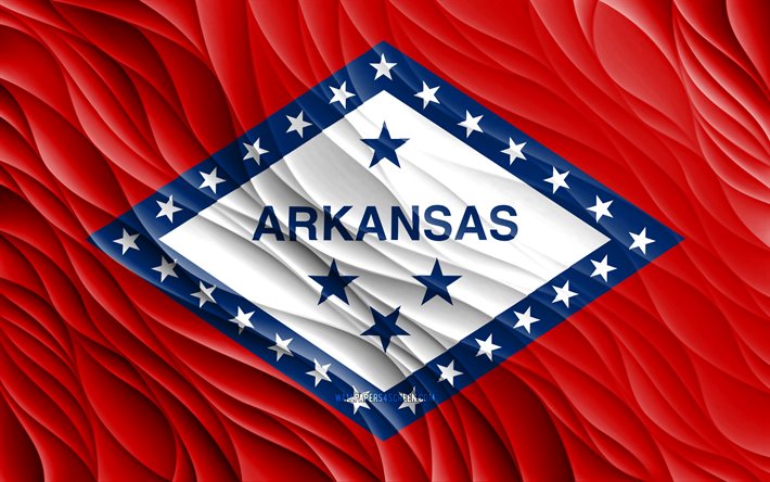 4k, علم أركنساس, أعلام 3d متموجة, الولايات الأمريكية, يوم أركنساس, موجات ثلاثية الأبعاد, الولايات المتحدة الأمريكية, ولاية أركنساس, دول أمريكا, أركنساس