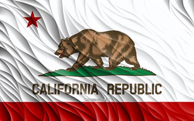4k, علم كاليفورنيا, أعلام 3d متموجة, الولايات الأمريكية, يوم كاليفورنيا, موجات ثلاثية الأبعاد, الولايات المتحدة الأمريكية, ولاية كاليفورنيا, دول أمريكا, كاليفورنيا