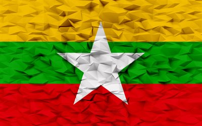 bandiera del myanmar, 4k, sfondo del poligono 3d, struttura del poligono 3d, giorno del myanmar, bandiera del myanmar 3d, simboli nazionali del myanmar, arte 3d, myanmar, paesi dell asia