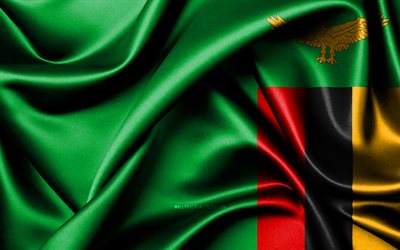 Zambian flag, 4K, African countries, fabric flags, Day of Zambia, flag of Zambia, wavy silk flags, Zambia flag, Africa, Zambian national symbols, Zambia