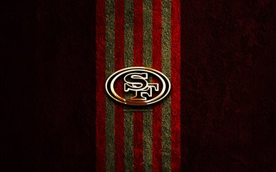 san francisco 49ers logotipo dourado, 4k, pedra vermelha de fundo, nfl, time de futebol americano, san francisco 49ers logotipo, futebol americano, san francisco 49ers