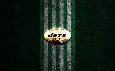 logo doré des jets de new york, 4k, fond de pierre verte, nfl, équipe de football américain, logo des jets de new york, football américain, jets de new york, jets de ny