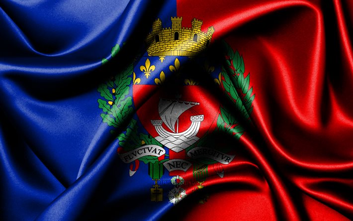 bandera de parís, 4k, ciudades francesas, banderas de tela, día de parís, banderas de seda onduladas, francia, ciudades de francia, parís