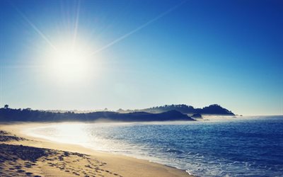 la playa, por la mañana, el sol, el mar, la ola