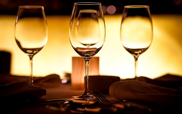 gafas, de noche, mesa, cena romántica, vidrio