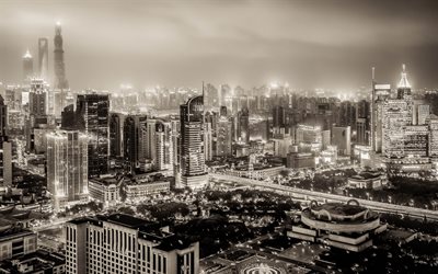 skyscrapers, night, china, shanghai, huangpu