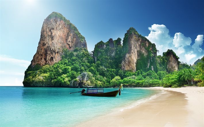 rock, the beach, thailand, boat